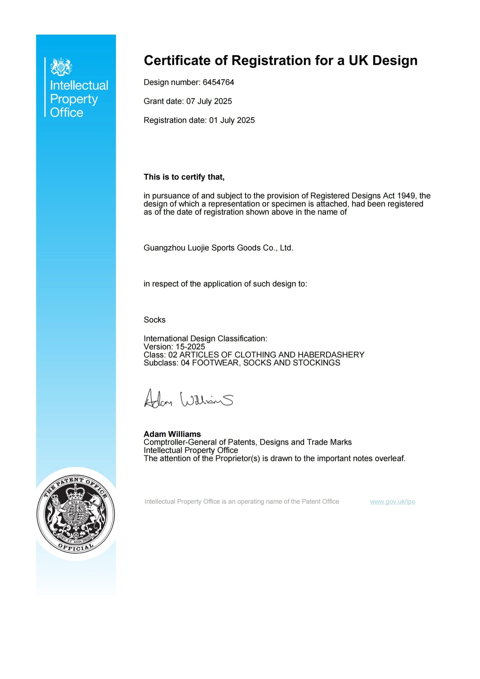 UK Design Registration Certificate